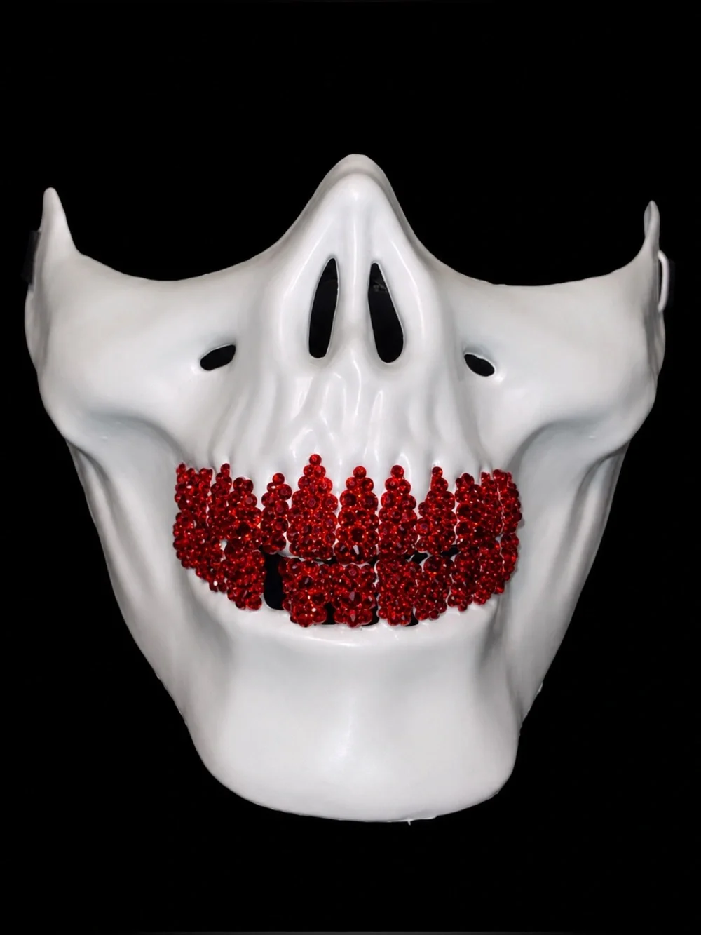 White Half Skull Mask Blinged Out Red Crystal Grillz EDC Rave Costume Halloween